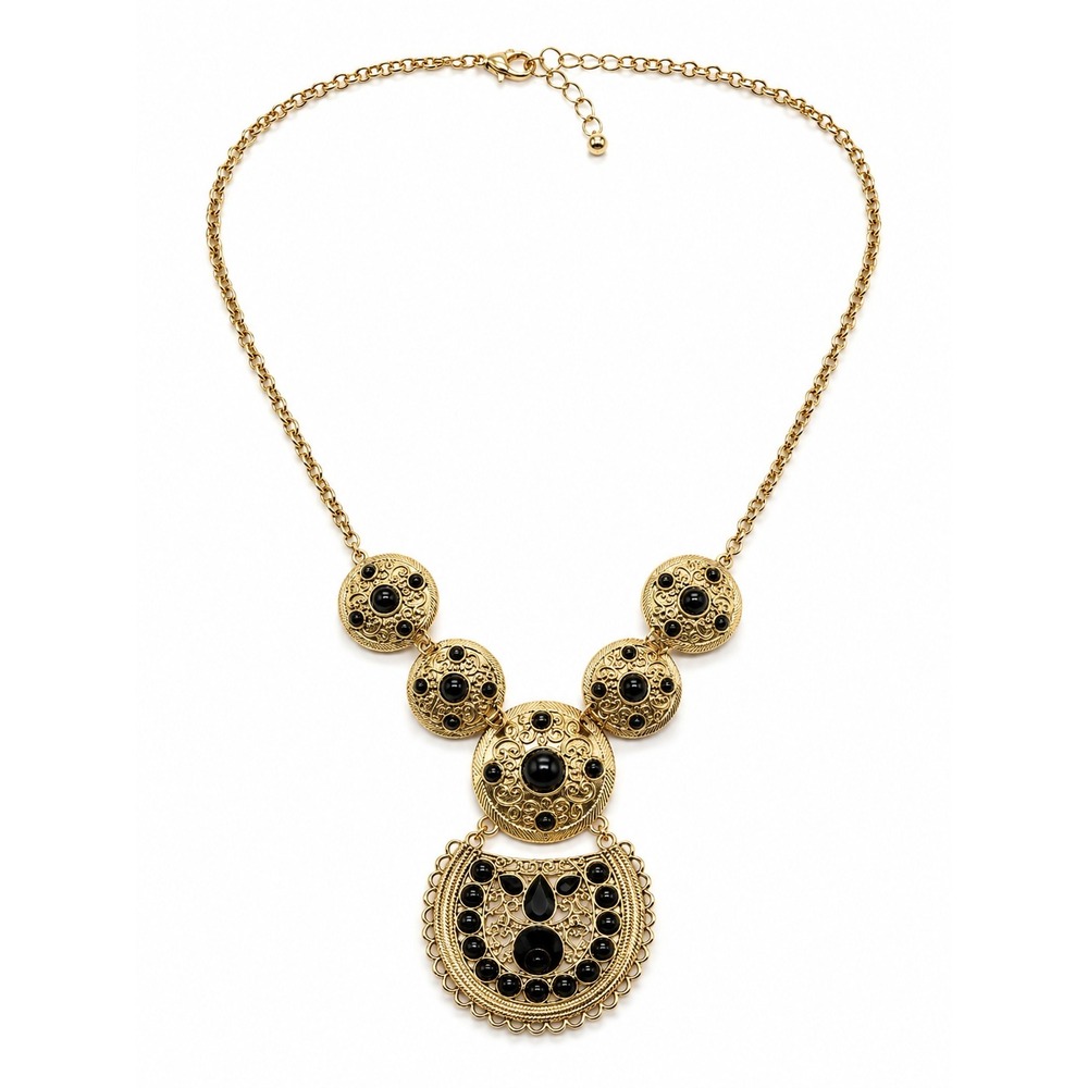 Vintage Gold Tone Black Cabochon Ornate Medallion Bib Statement Necklace